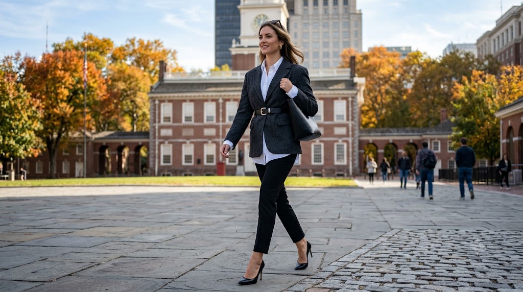 Charcoal Wool Oversized Blazer Belted Over White Poplin Shirt